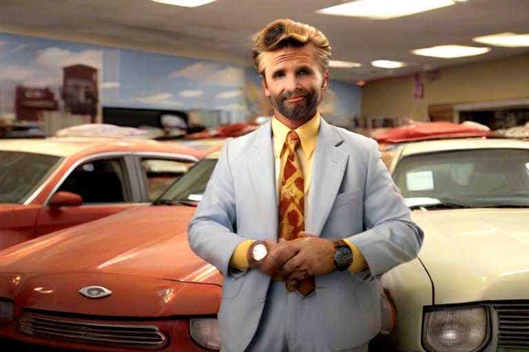 Image of a salesman selling used cars, dark brown hair, facial hair wearing a watch on each wrist,