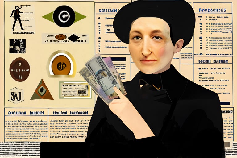 A collage of a woman holding a wad of cash in front of a resume with certificates and badges on it
