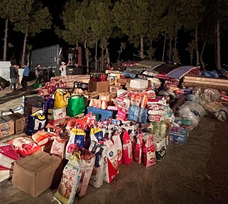 A picture showing all the donations collected by the NGO “Basma Ambassadors” that will be distributed to the victims of the earthquake
