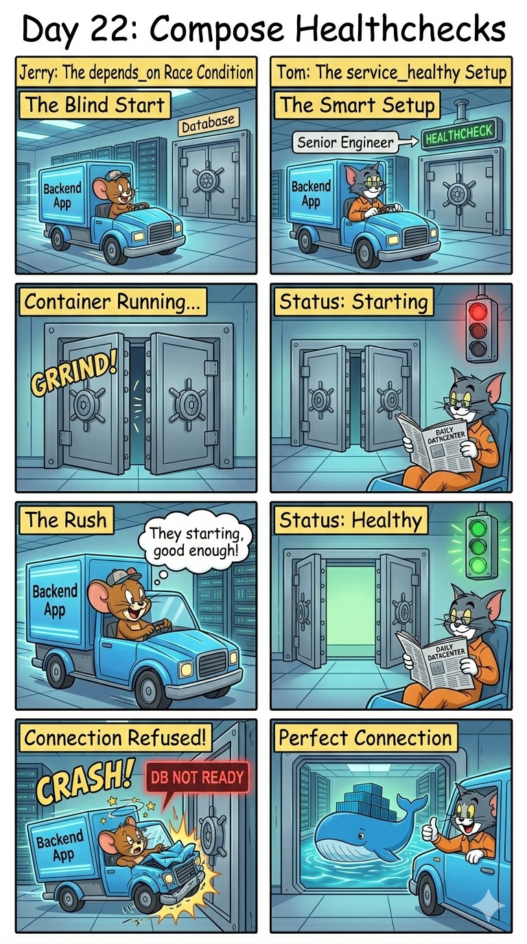 Day 22: Winning the Race Condition — Mastering depends_on and Docker Healthchecks.