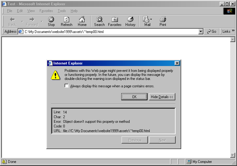 Screenshot of Internet Explorer 5 showing alert about JavaScript error.