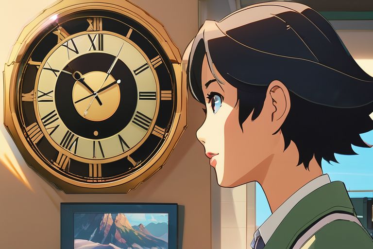 Anime woman looking at a clock on the wall