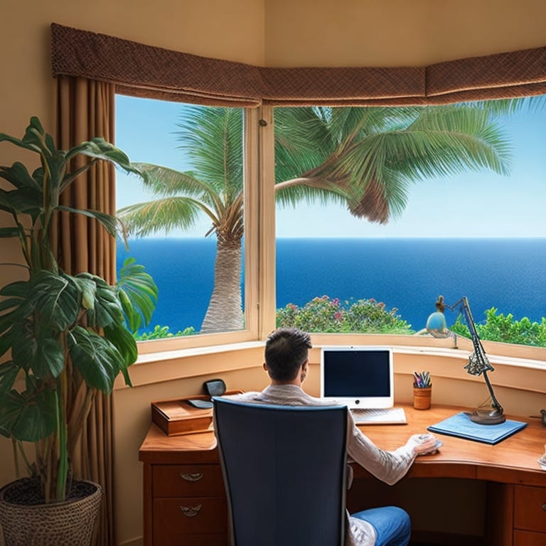 A man is sitting at his desk looking out a window at the ocean. The window is as high as his desk. A tall plant sits on the floor near the desk. business planning