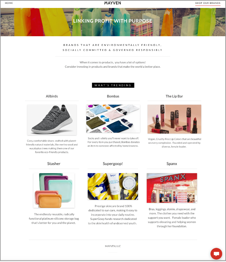 Screenshot of original GoDaddy website design. Picture Banner on top of page shopping bags with the header: Linking Profit with Purpose. Followed by a what’s trending section with six featured brands: Allbirds, Bombas, The Lip Bar, Stasher, Supergoop and Spanx.