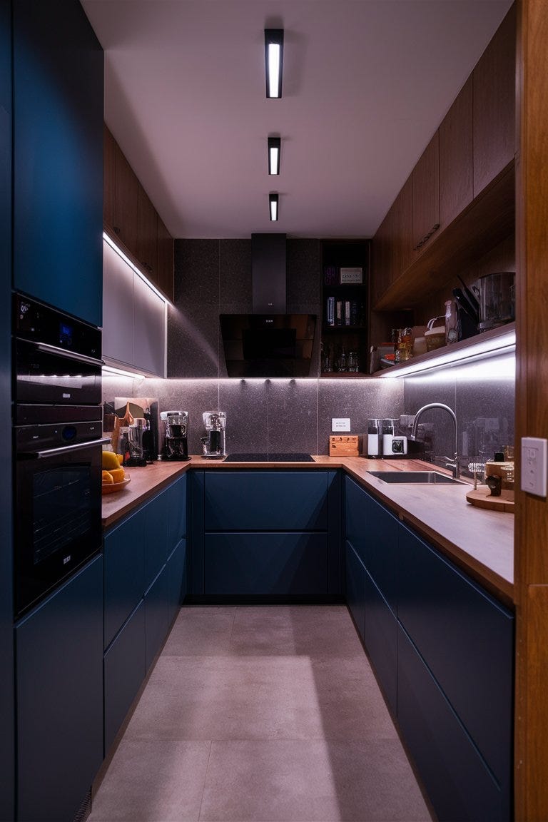 Trendy small kitchen featuring smart appliances, eco-friendly materials, and hidden storage, futuristic look