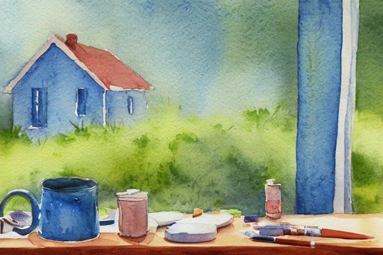 Watercolor with a blue house in the background and a coffed mug and artist equipment in the foreground.