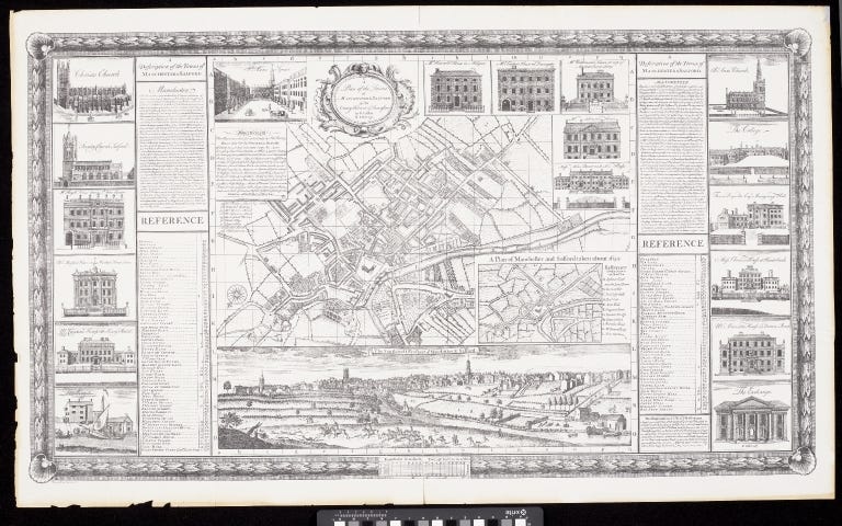 A street map of Manchester from 1746, framed by engravings of private residences and civic buildings. A rural panoramic view of the city appears beneath a plan of the city centre.