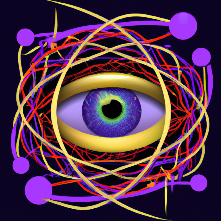 An eye surrounded by entangled quantum particles to illustrate the relationship between quantum effects and consciousness