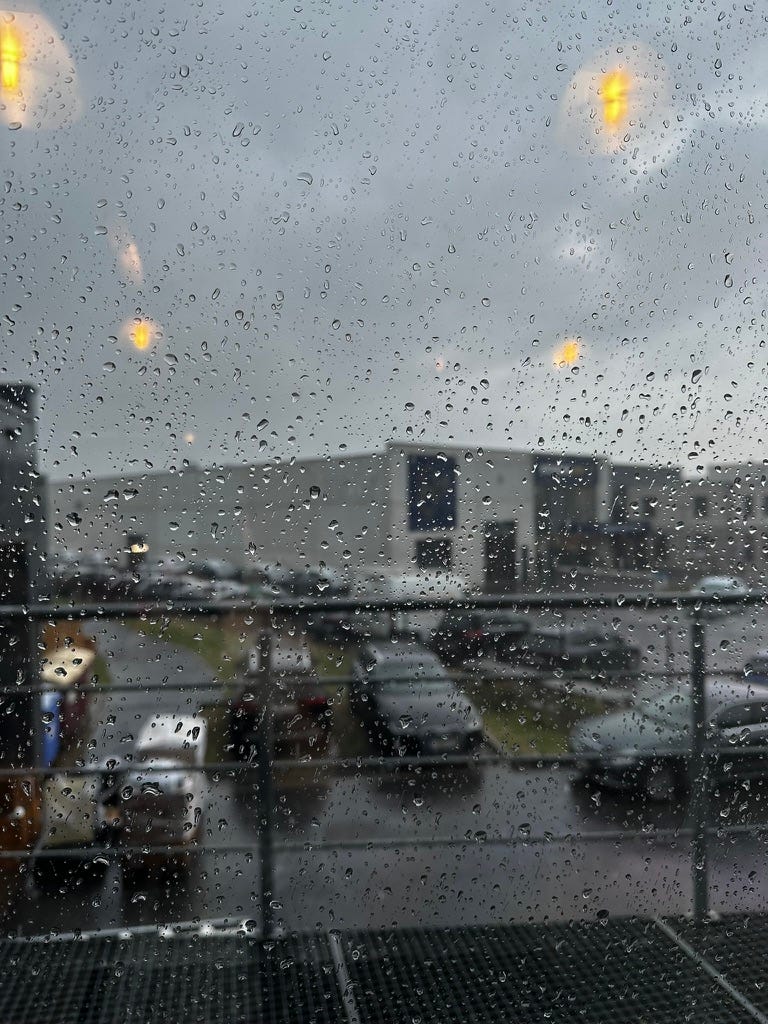 Rainy, dark day in a remote office in Belgium