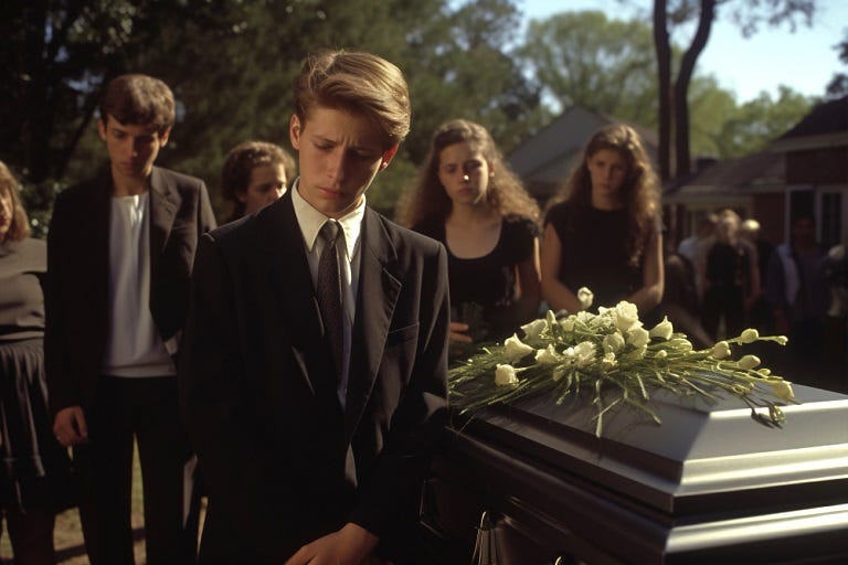 A grieving son at his father’s funeral
