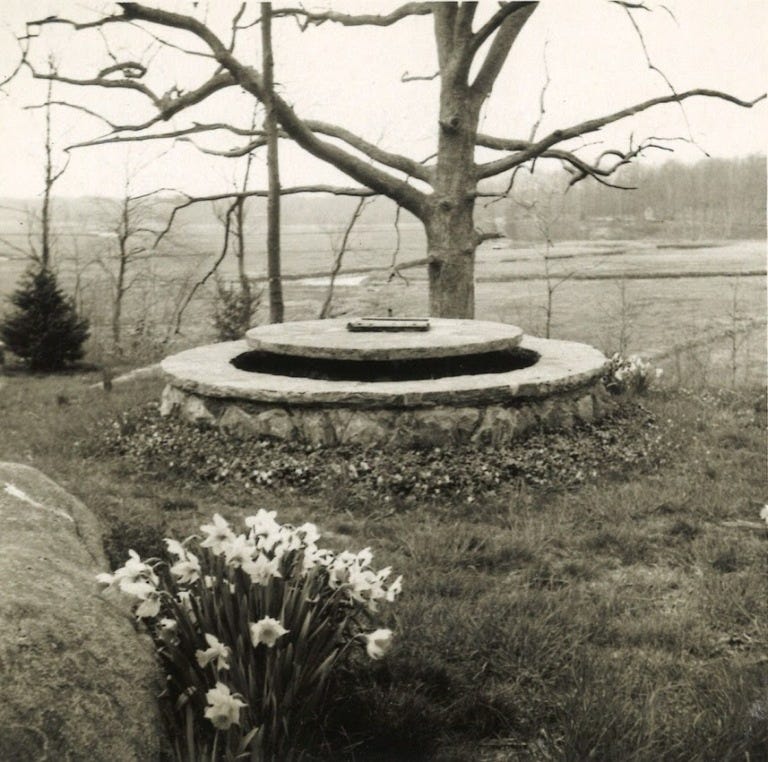 a grayscale photo of a circular stone table and flowers