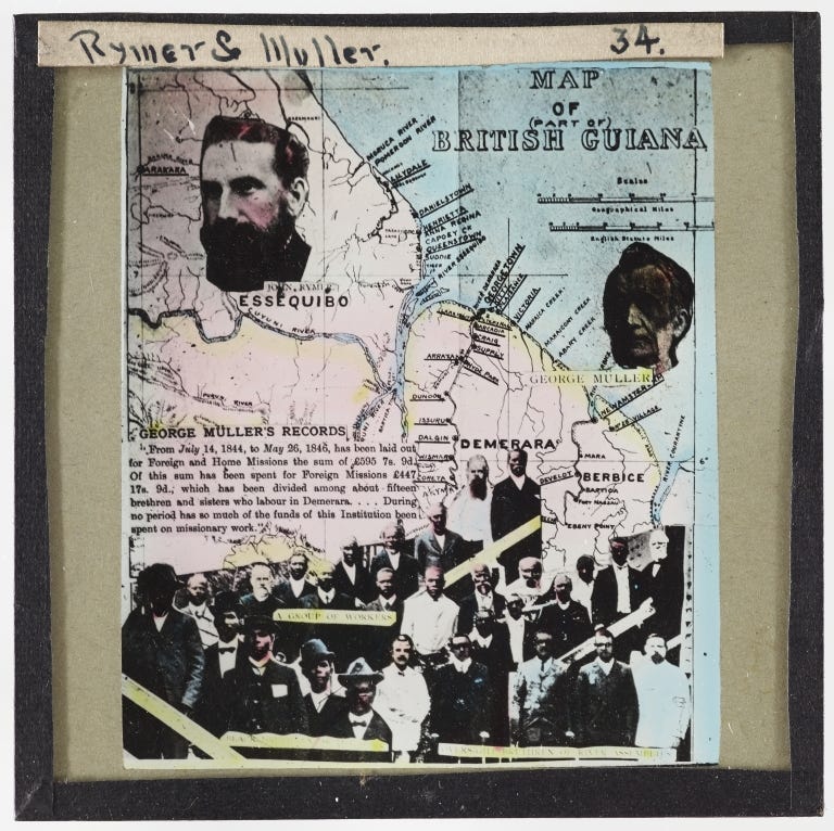 Composite image showing photographs of various men overlaid on a colourised map of British Guiana.