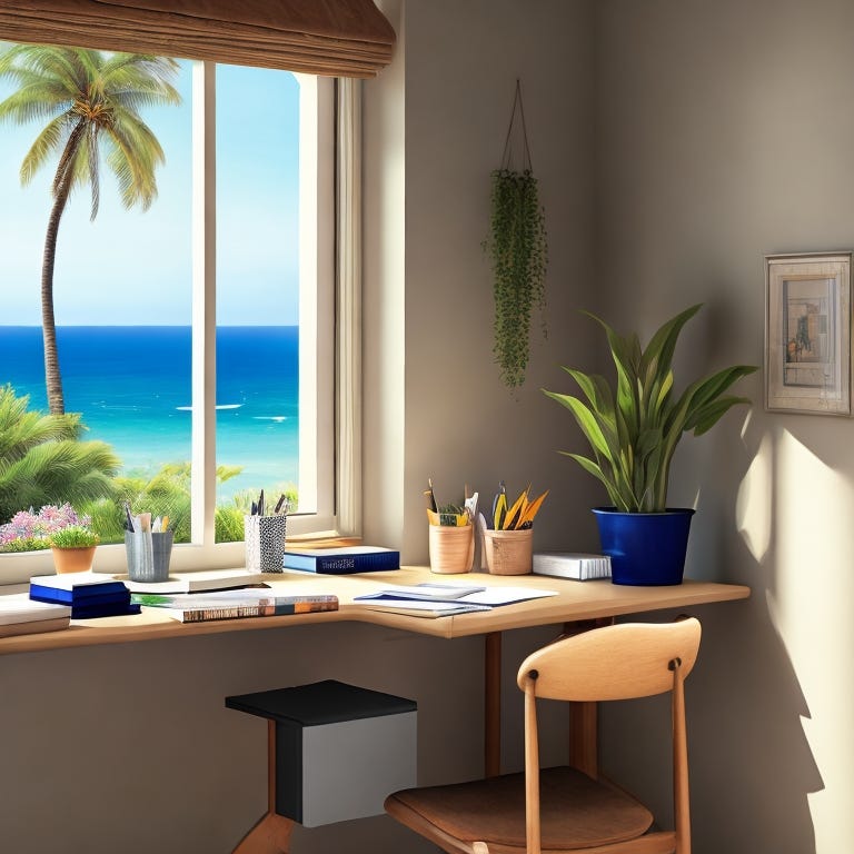A man sitting at his desk looking out a window at the ocean. The image is hyper realistic. The window is as high as his desk. A tall plant sits on the floor near the desk.
