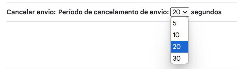 Captura de tela das opçãos do gmail, onde tem a opção para escolher o tempo para poder cancelar uma ação. Na tela tem opção de 5 / 10 / 20 / 30 segundos.