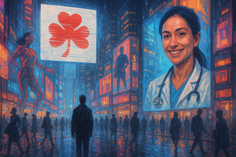 Dystopian city street with billboards and hollograms everywhere. A central billboard of a red clover and a medical professional.
