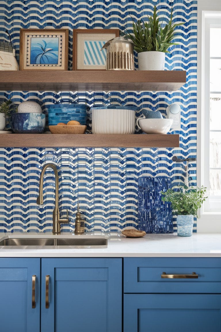 Close-up of a coastal kitchen backsplash featuring blue and white mosaic tiles in a wave pattern