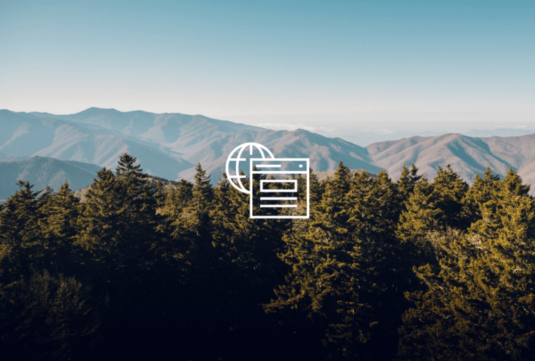 Forrest treetops with a mountain range in the background and a pictogram of the internet in the center.