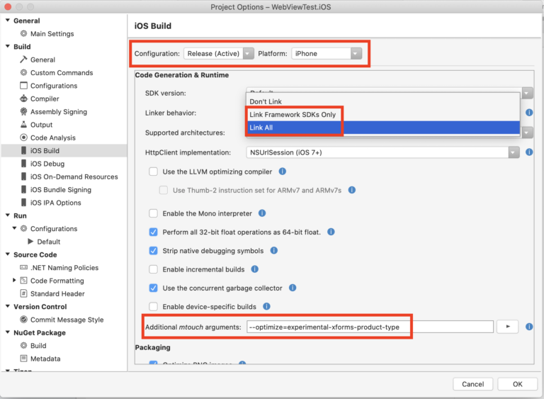 IOS csproj with Link All option and — optimize=experimental-xforms-product-type as mtouch args