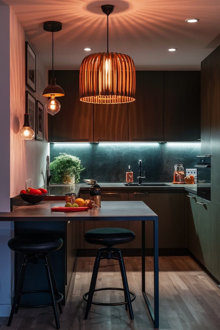 Modern small kitchen with creative lighting, under-cabinet LEDs, and a statement pendant light, warm ambiance