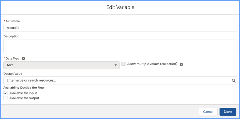 Screenshot: Add recordId Variable to the Flow