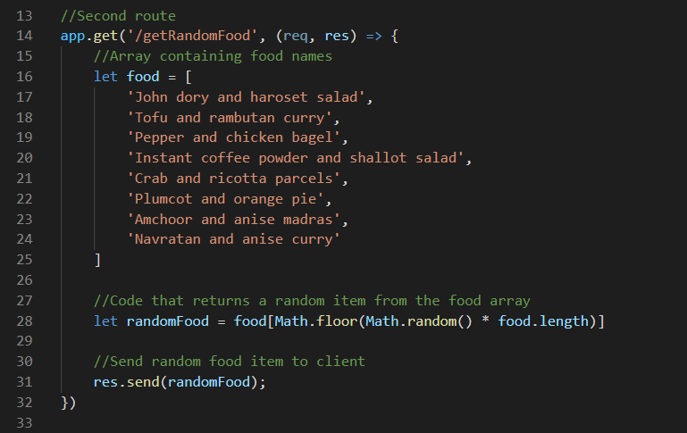 VS Code snippet of our Random Food Selector API route