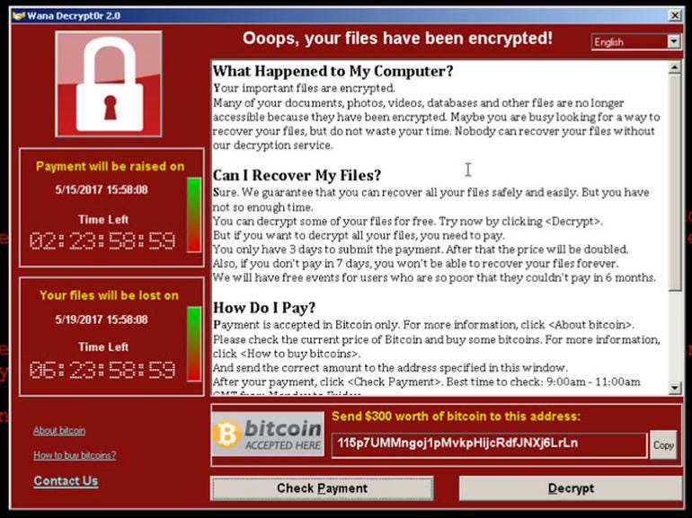 Screenshot of the WannaCry ransomware