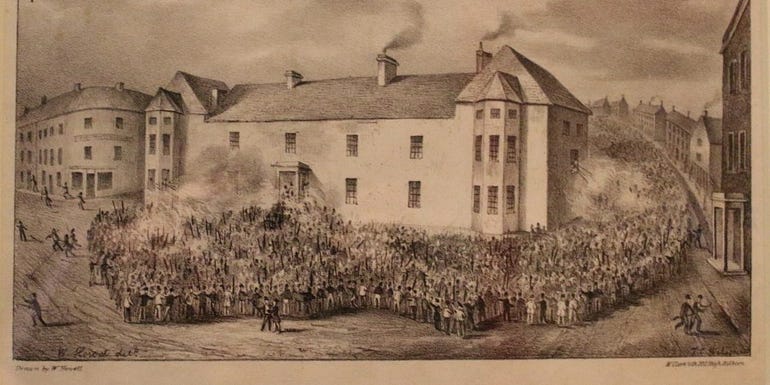 In a contemporary illustration, the Chartists attack the Westgate Hotel.
