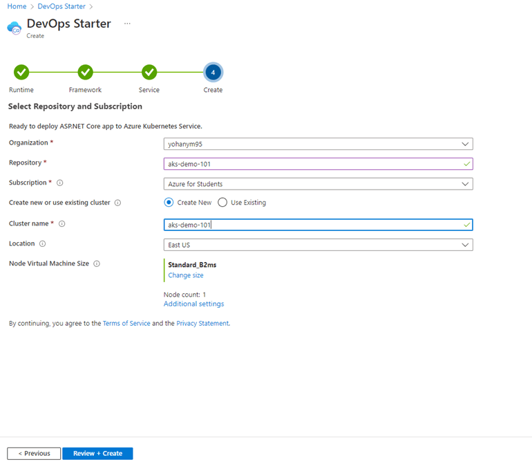 Select the subscription for the DevOps Starter project
