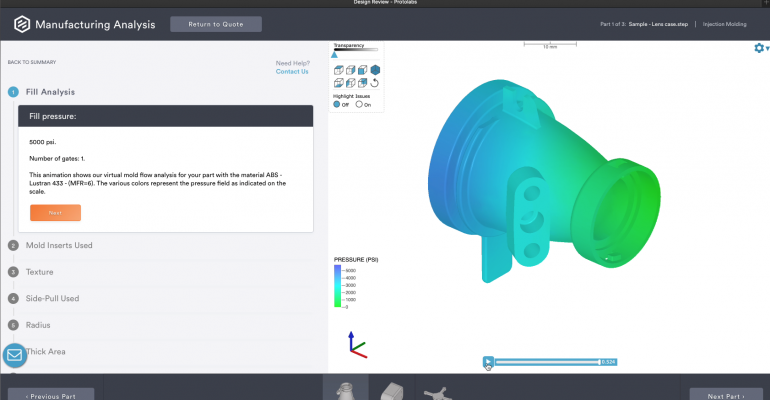 Example: Protolabs web interface analysis of an Injection Molded part