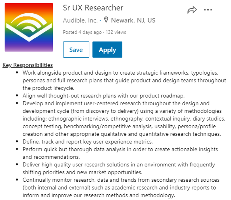 A job posting for a Senior UX Researcher, including the key responsibilities for the role.