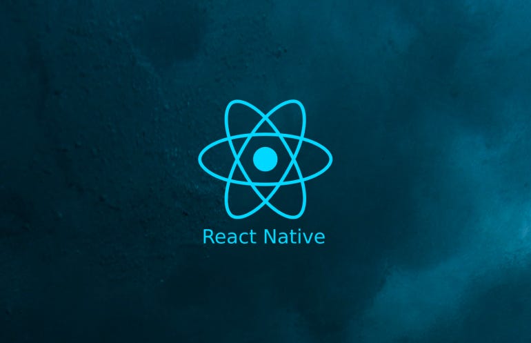 A sky blue React Native logo against a navy blue gradient background. The logo features a modern and minimal design with a vibrant sky blue color scheme. The text “React Native” is written in sky blue letters beneath the logo.