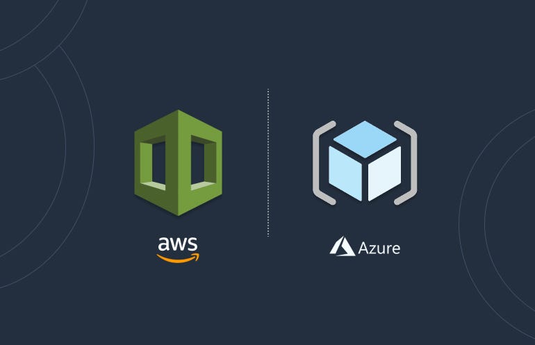 A navy blue background with a green AWS cloudformation article and a light blue Microsoft Azure ARM logo in the foreground