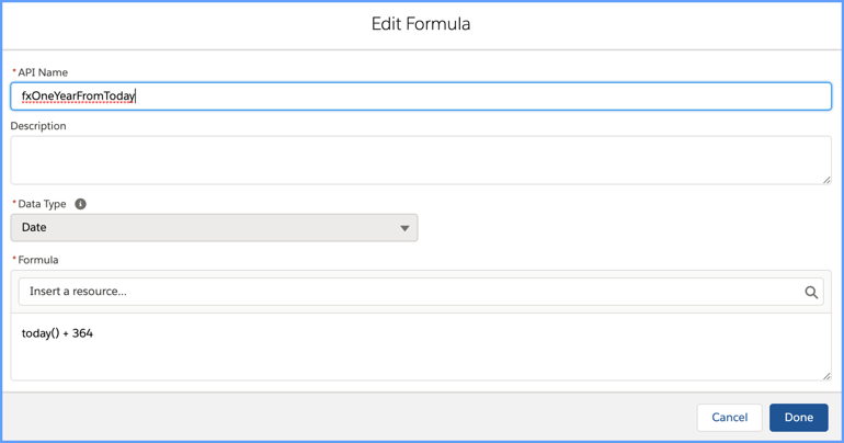 Screenshot: Formula to set the closed date one year from now
