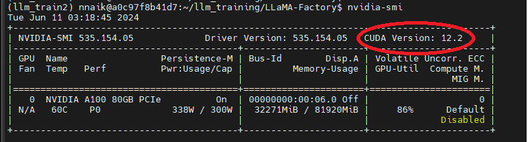 Nvidia-smi output highlighting CUDA version