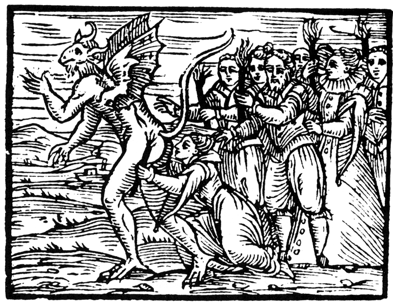 A woman kneels to kiss the Devil’s rear.