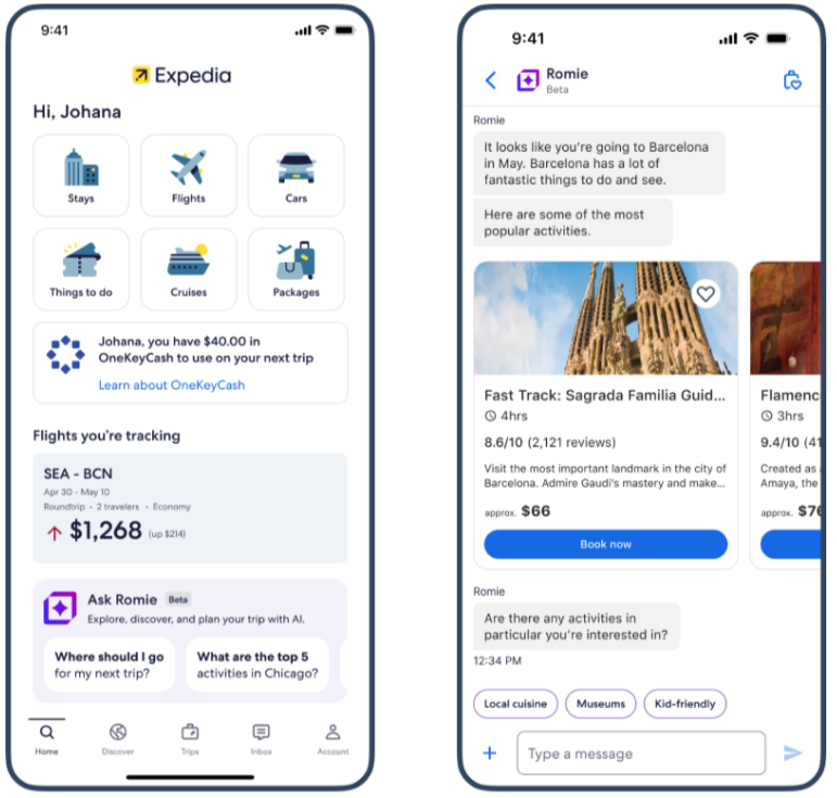 Screenshot of Romie, Expedia’s automated travel assistant