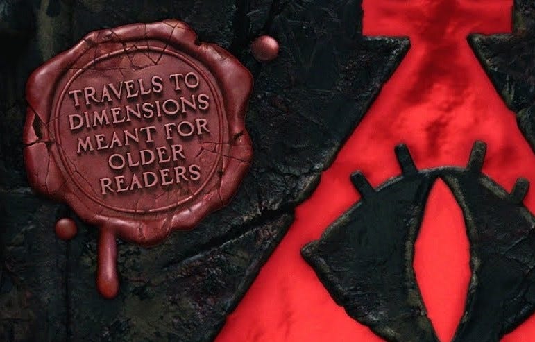 A false wax seal on the cover of The Book of Bill. It reads “travels to dimensions meant for older readers”