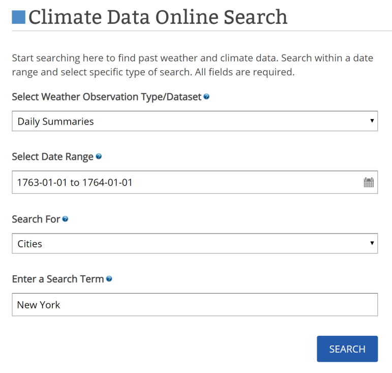 Climate Data Online Search query page