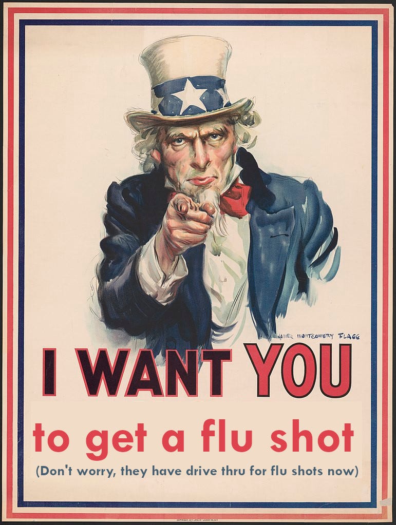 A modified image of an Uncle Sam poster states, “I want you to get a flu shot.”