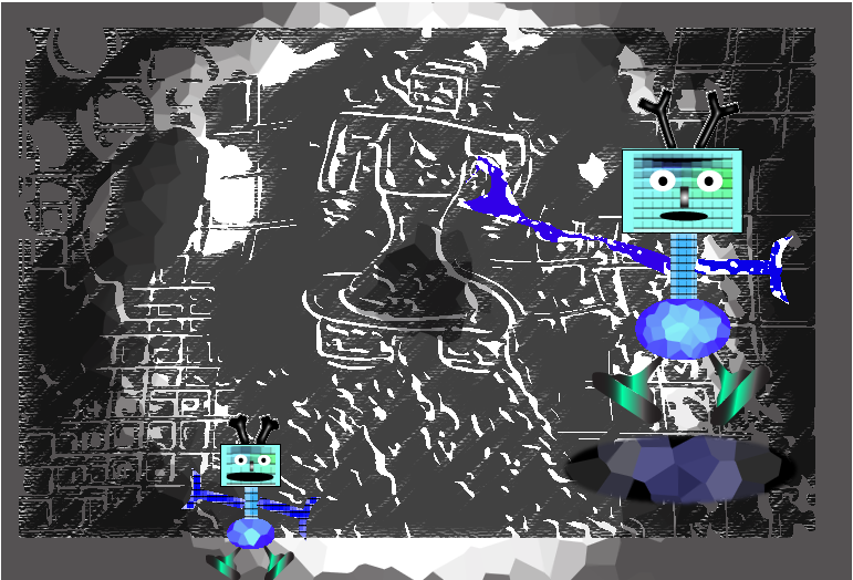 A robot graphic design showing another robot a different world or landscape wihtin the design by Maciej Duraj or me