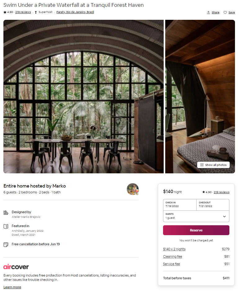 Screenshot of the Airbnb page detailing the total cost of a 2-day stay