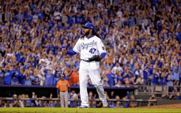 Johnny Cueto was absolutely stellar in the Royals' clincher over the Rangers Wednesday night. (AP Photo-Charlie Riedel)