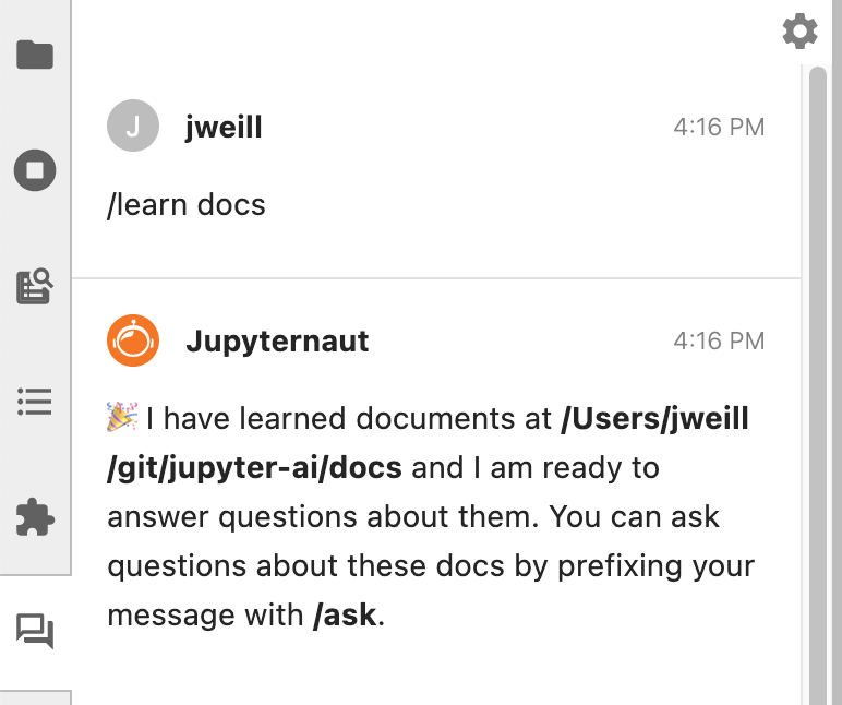 Screenshot of Jupyter AI having run a /learn command to learn the contents of the “docs” directory
