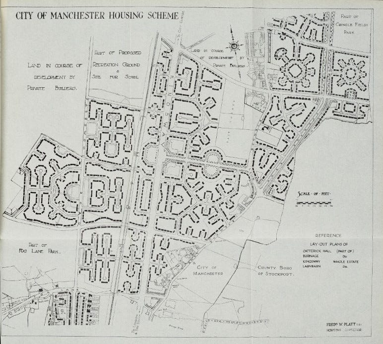Monochrome map showing the roads and houses that will comprise the new estates in Burnage and Withington, South Manchester.