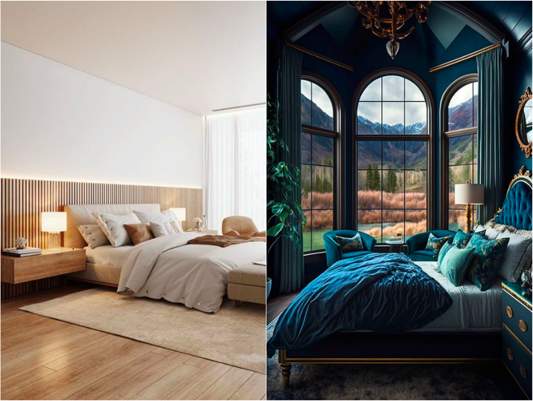 Duas imagens: À esquerda, imagem de um quarto com estética clean, com tons claros e minimalistas. À direita, imagem de um quarto com estética clássica, com móveis e decoração tradicionais e detalhadas.