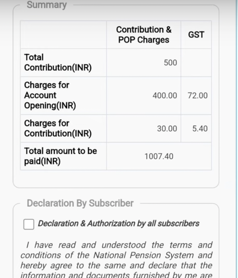 NPS ACCOUNT OPENING COST SUMMARY