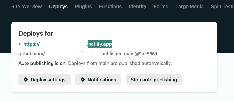 Netlify UI with the url information for your deployment