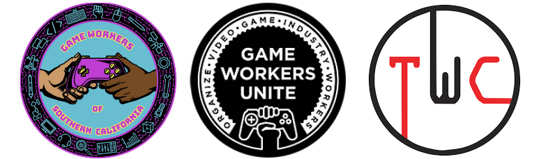 Logos for Game Workers of Southern California, Game Workers Unite, and the Tech Workers Coalition