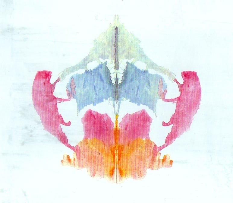 One of Rorschach blot. Seems like two animals walking on each side, shown in a mirror effect.