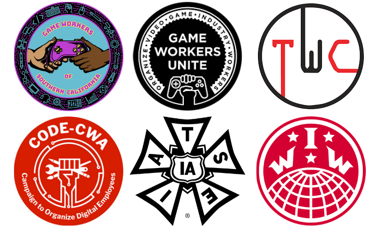 Logos for volunteer groups and unions that are involved in the games industry: Game Workers of Southern California, Game Workers Unite, Tech Worker’s Coalition, CODE-CWA, IATSE, the IWW